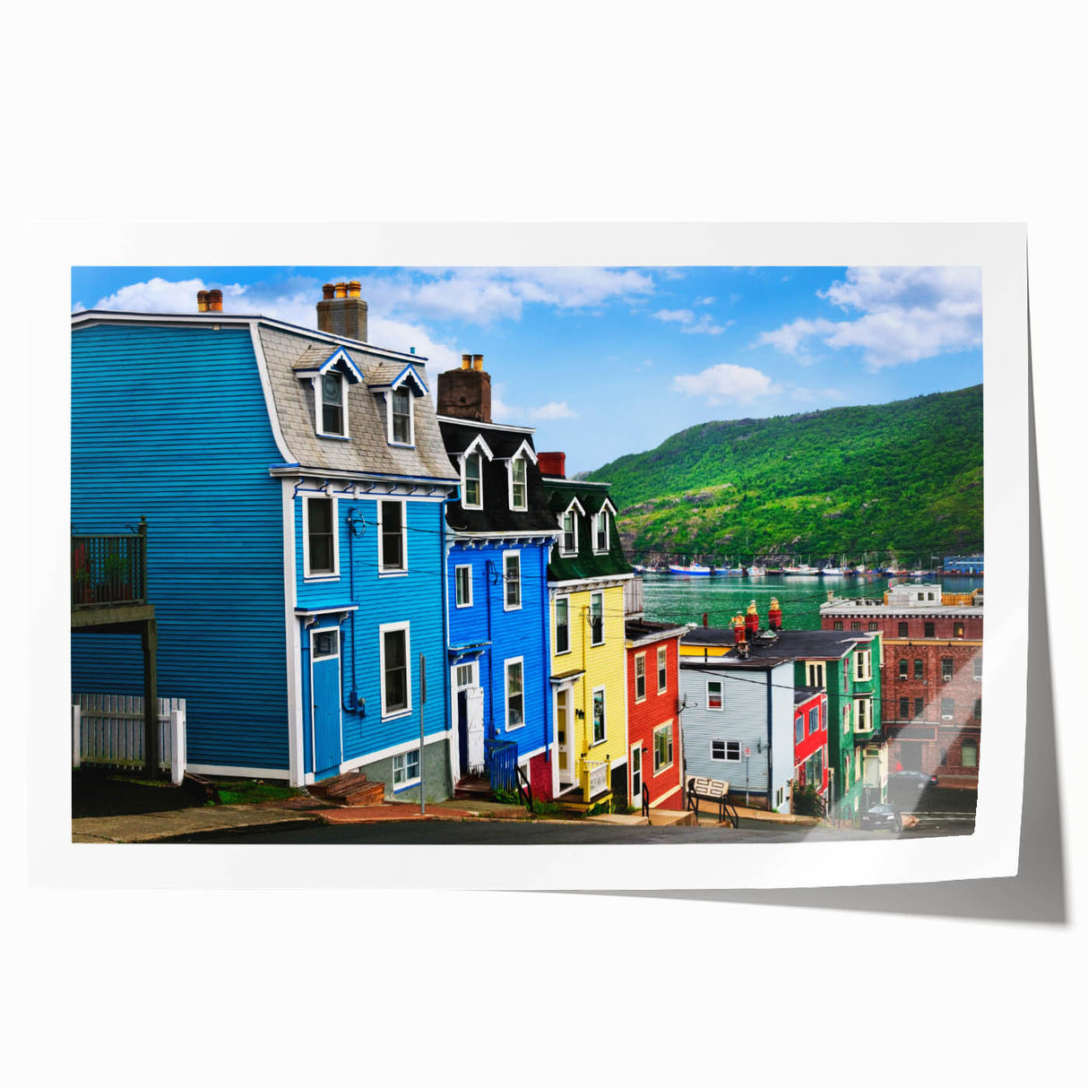 Scenic Newfoundland landscape on rolled print, featuring muted greens and blues, ideal for art wall dining room.