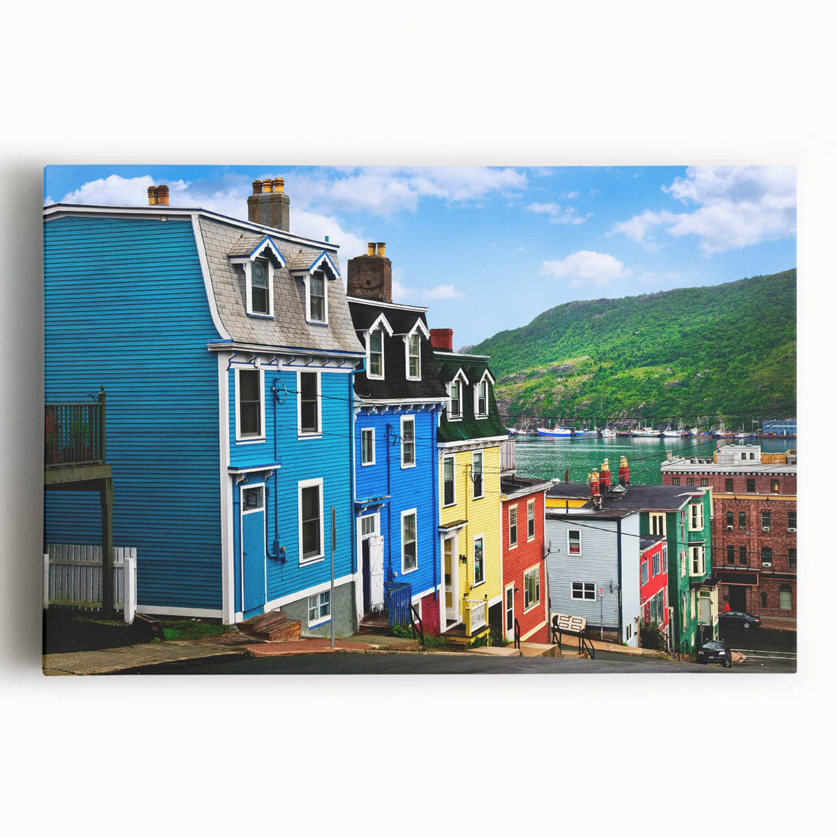Black and white photograph of Newfoundland scenery on stretched canvas, ideal for kitchen wall art.