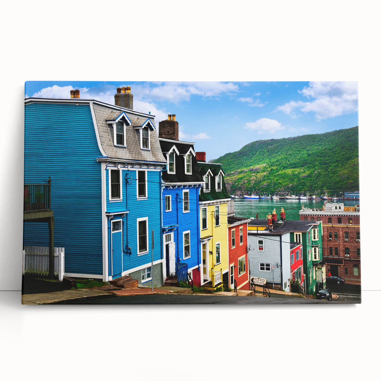 Black and white photograph of Newfoundland scenery on stretched canvas, ideal for kitchen wall art or bedroom ambiance.