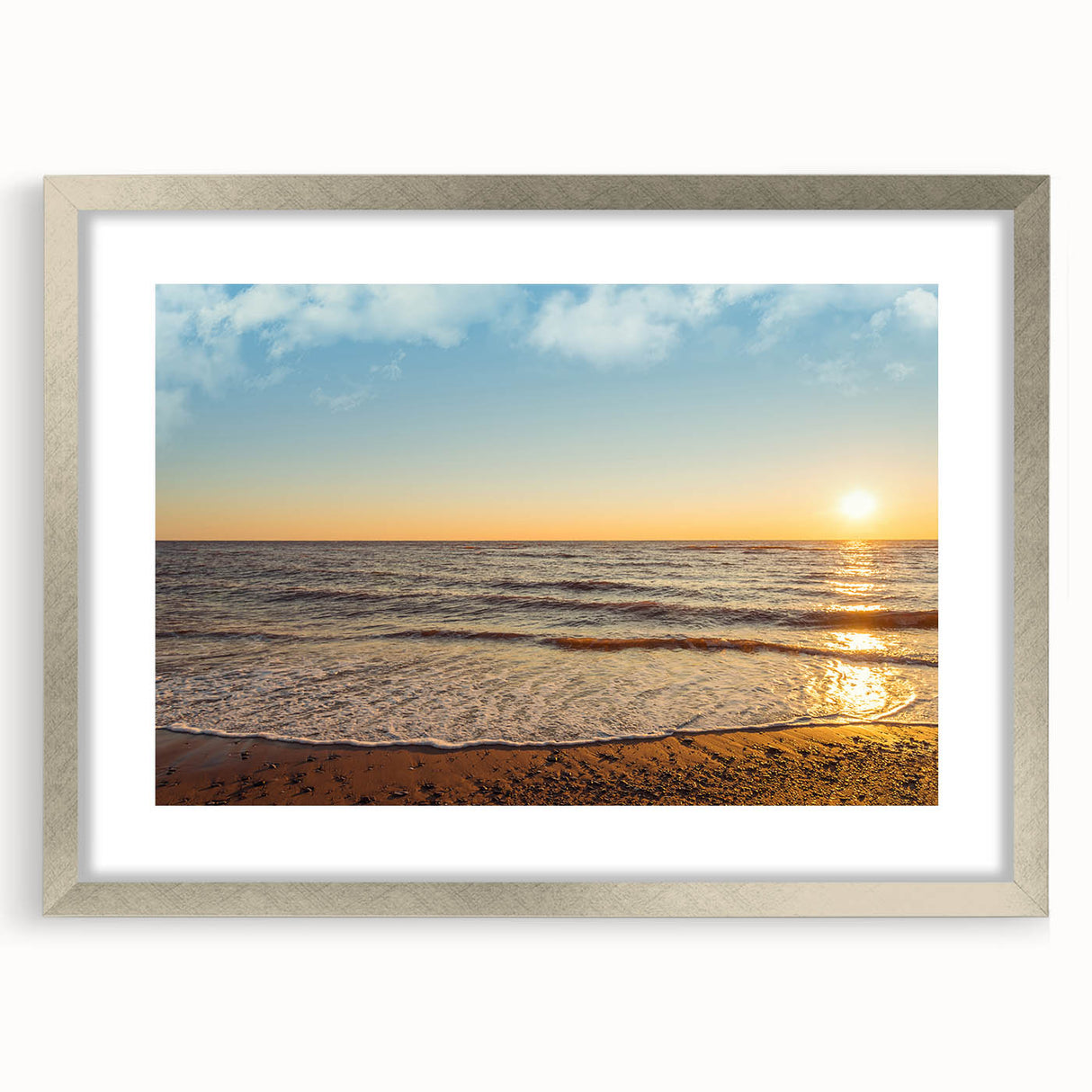 Textured abstract art print of Prince Edward Island scenery in muted earth tones, framed with a silver mat.