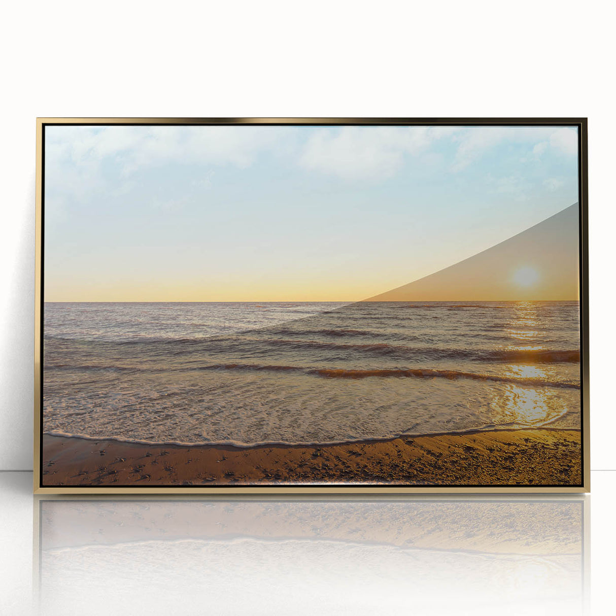 Mid-century modernist style large art print of Prince Edward Island scenery in gold frame, ideal for nursery wall decor.
