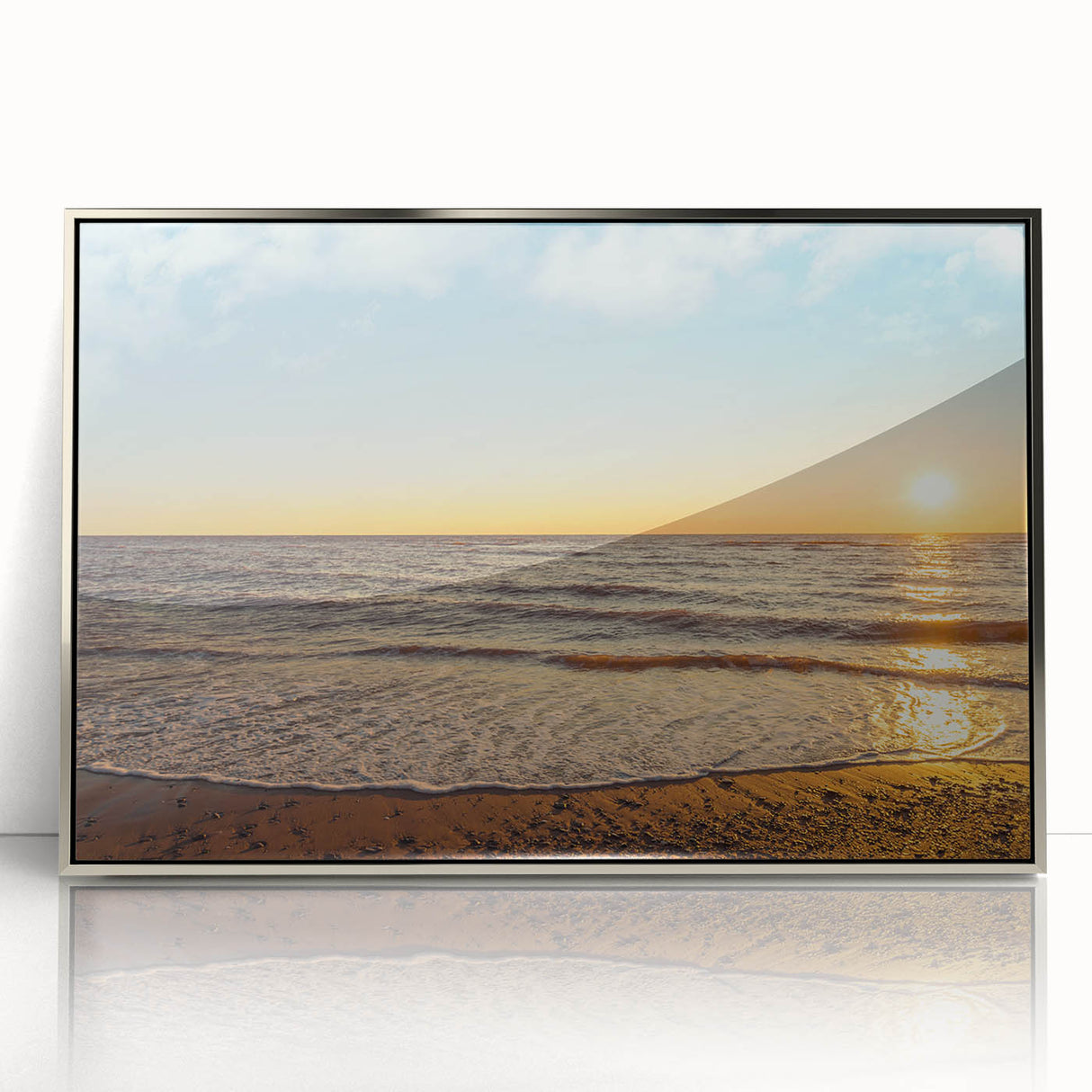 Mid-century modernist art depicting Prince Edward Island scenery in muted green and blue tones.