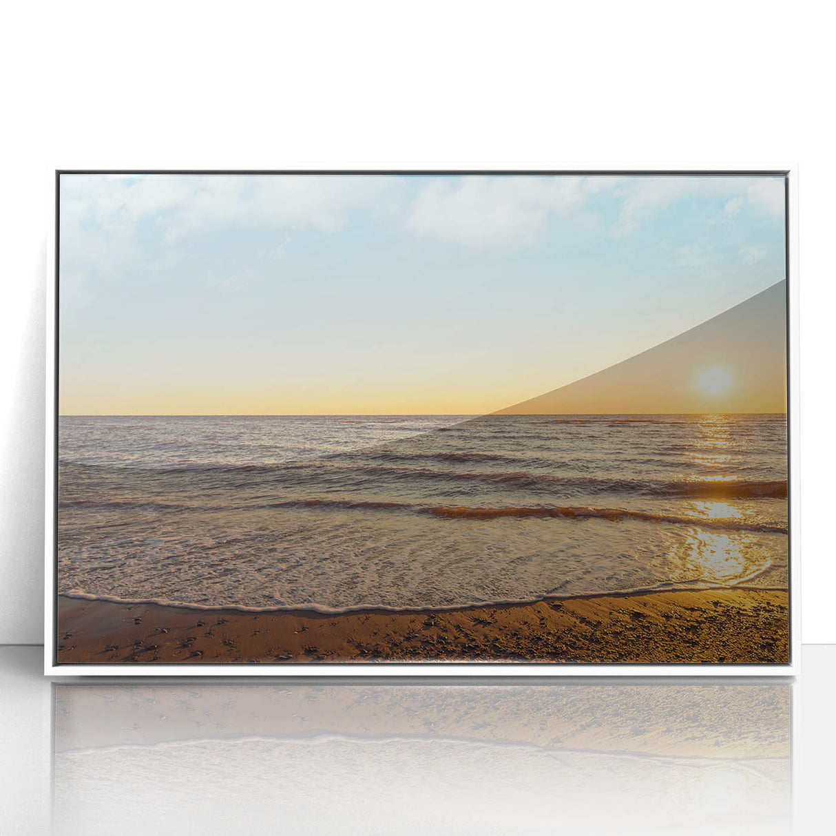 Acrylic print of Prince Edward Island scenery in a white frame, featuring serene blue and green tones.