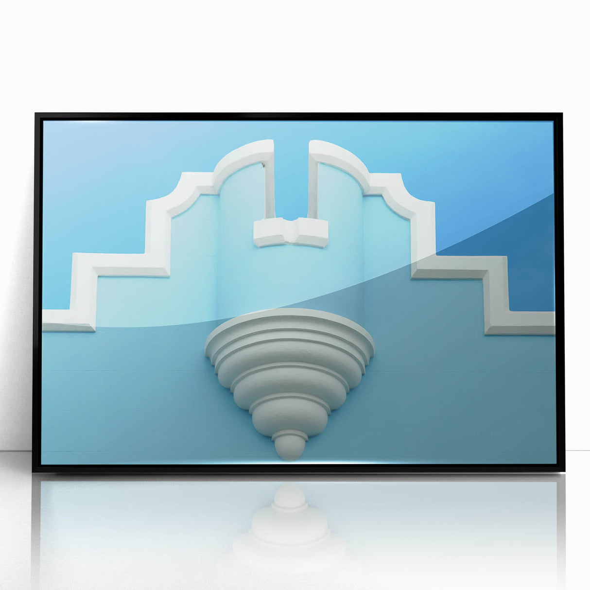 Large abstract wall art featuring Caribbean scenery in muted blue and green tones on a black framed acrylic.