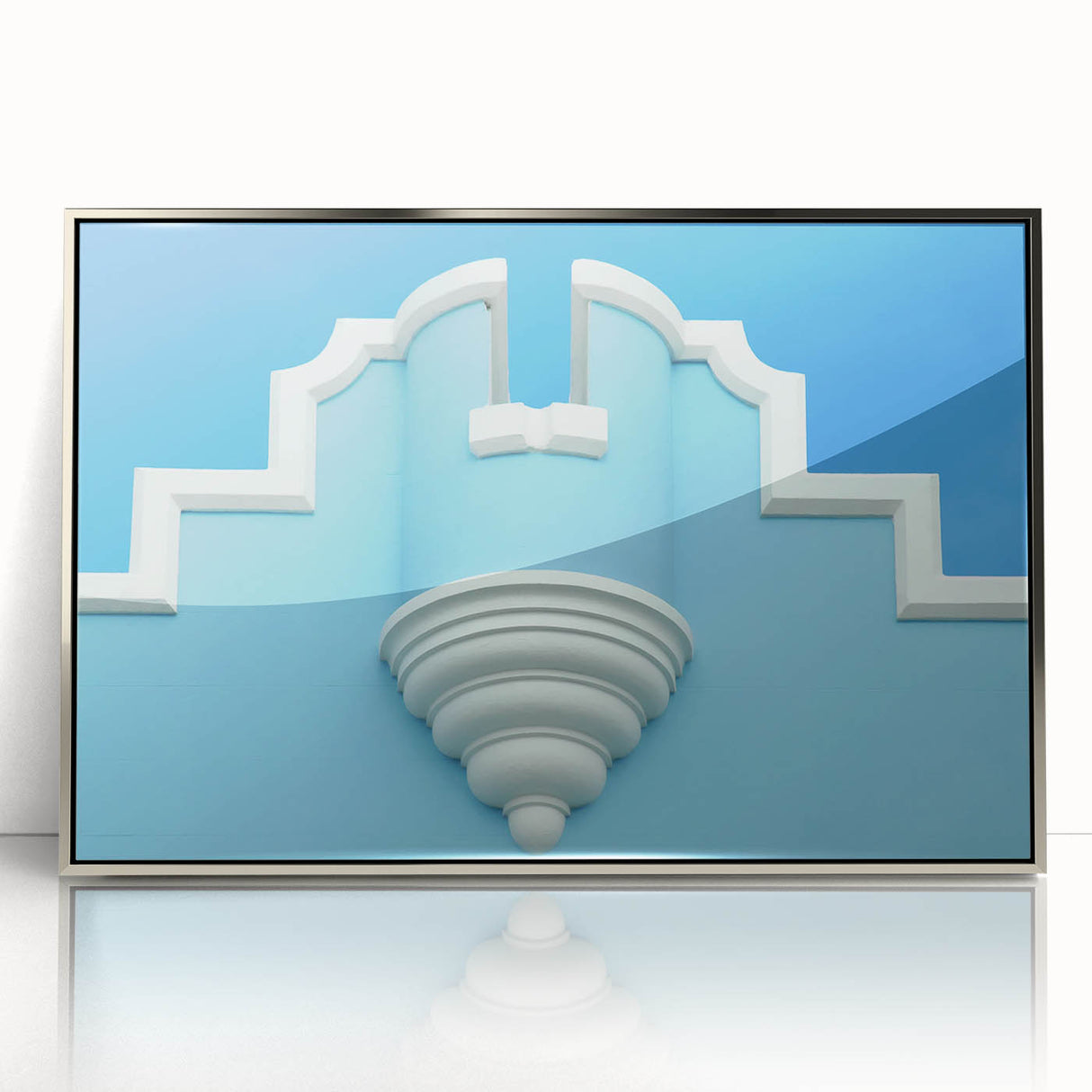 Large art print of a Caribbean Bermuda scene in muted blue and green tones on framed acrylic.