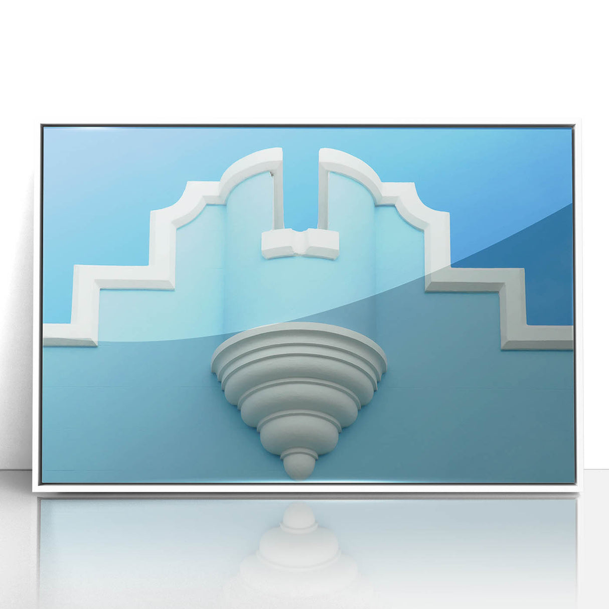 Mid-century modernist art depicting a Caribbean scenery in muted blue and green tones, acrylic print framed in white.