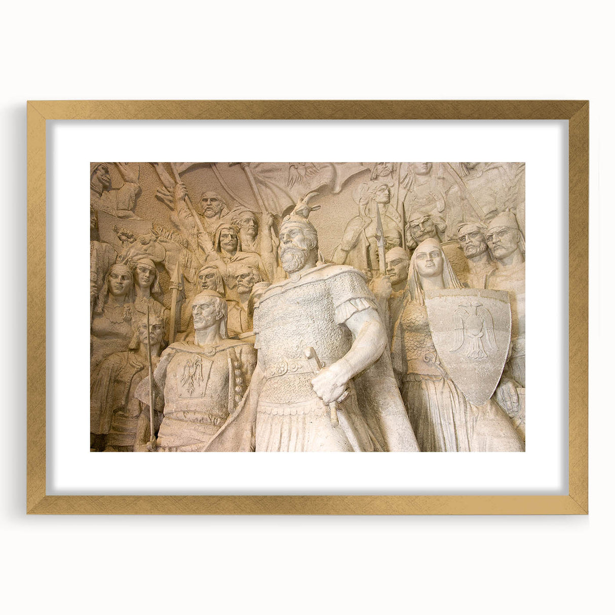 Extra large abstract art print of European scenery in gold frame.