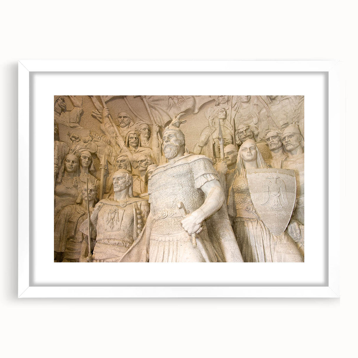 Abstract art print of a European scenery in Albania, featuring muted earth tones on a white-framed mat.