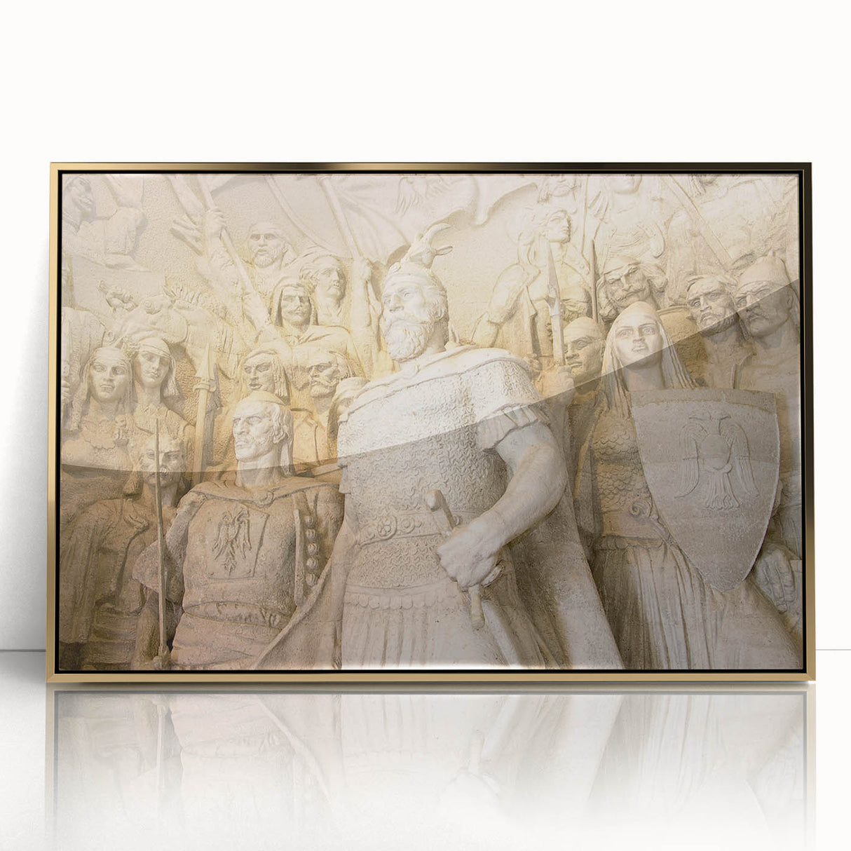 Art deco poster of an Albanian landscape in gold tones on framed acrylic, ideal for modern art wall decor.