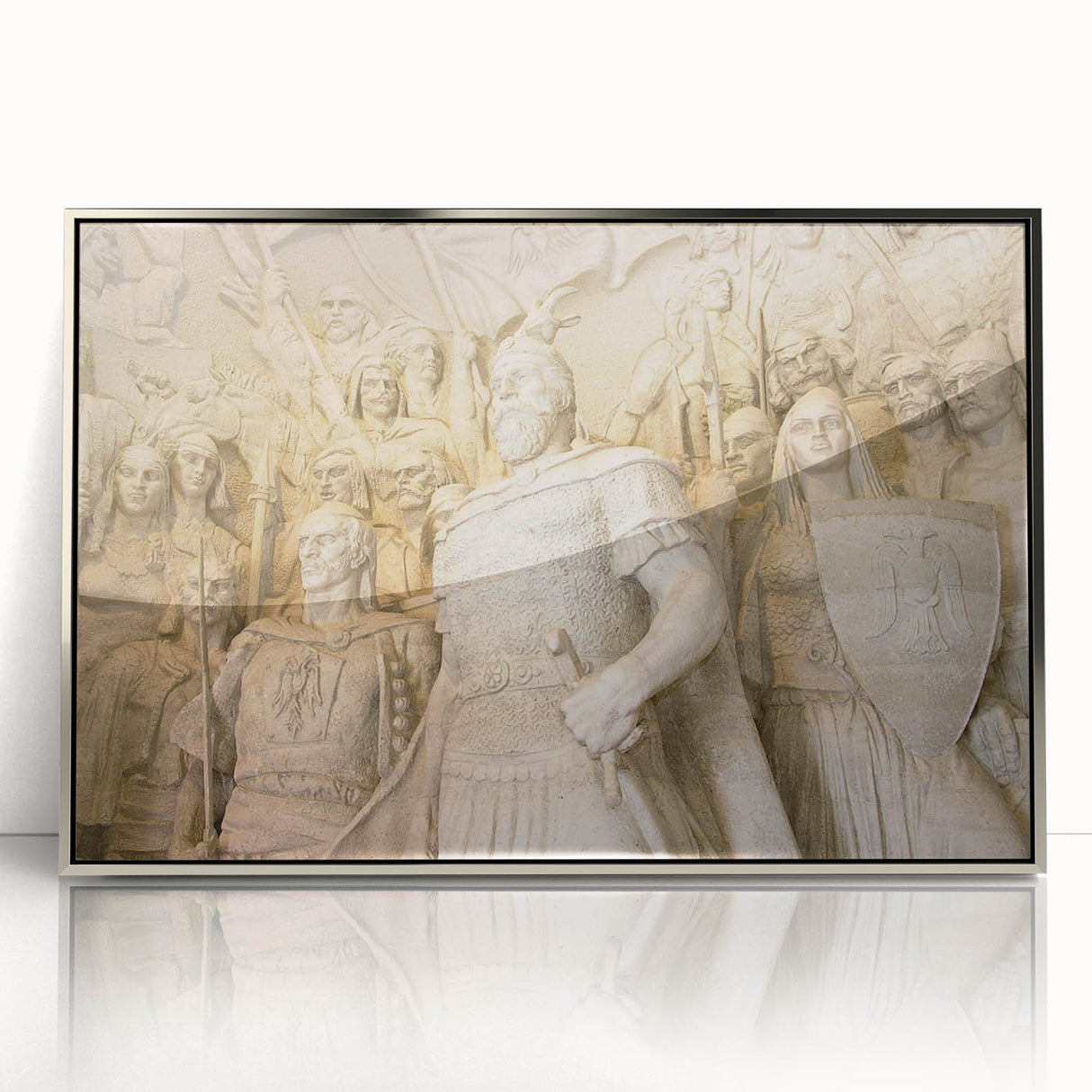 Large art print of a serene Albanian landscape in muted earth tones, framed in silver acrylic.