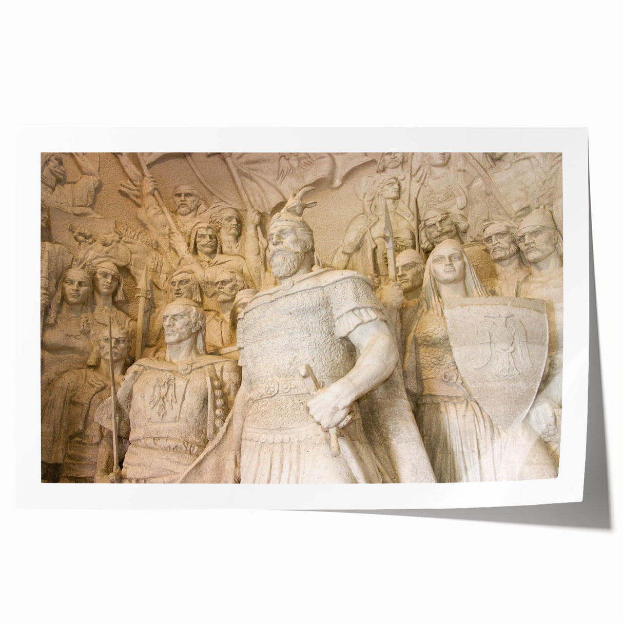 Rolled canvas print of an Albanian landscape with vibrant green fields and distant mountains, ideal for art wall dining room.