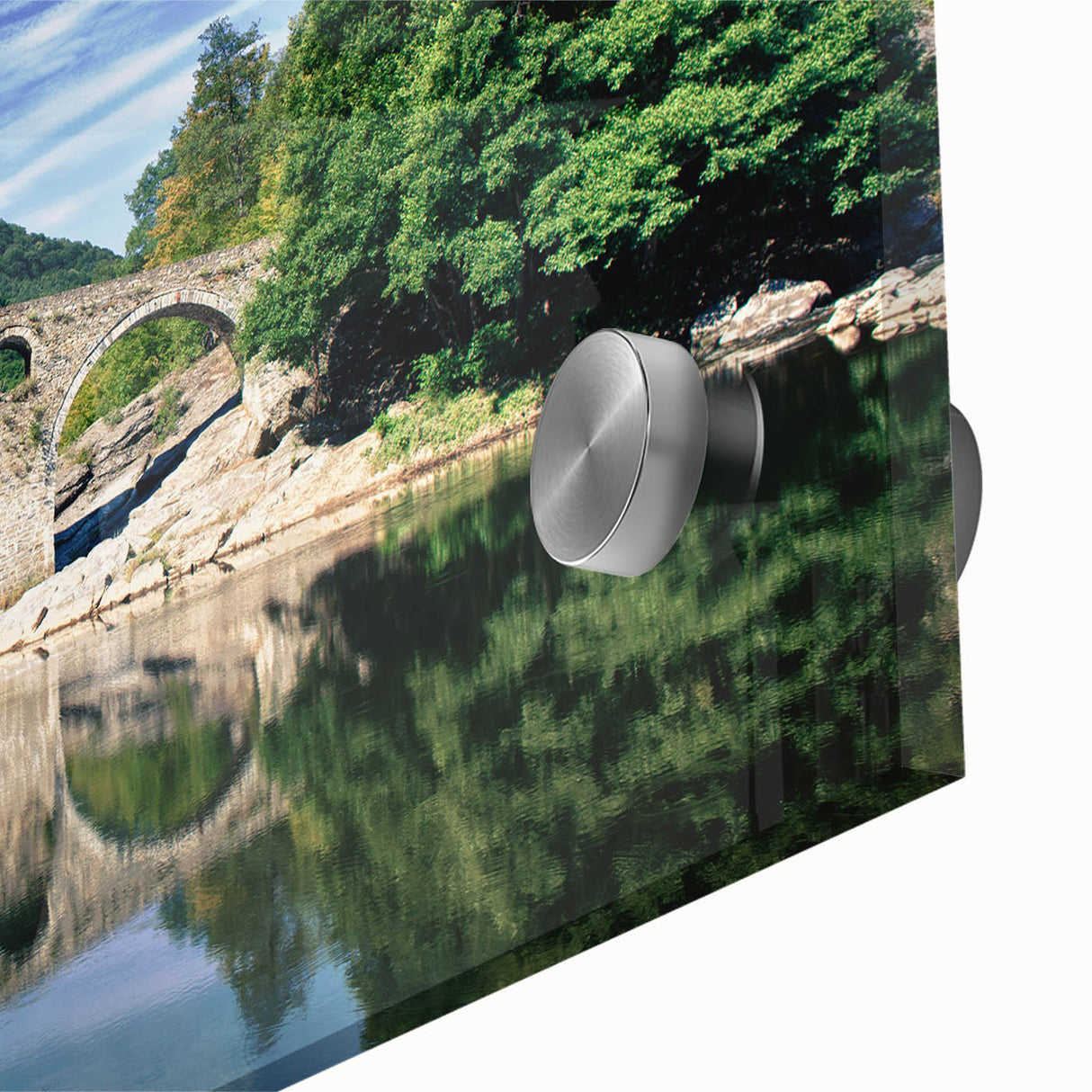 Large abstract wall art depicting a European scenery in muted earth tones on acrylic glass.