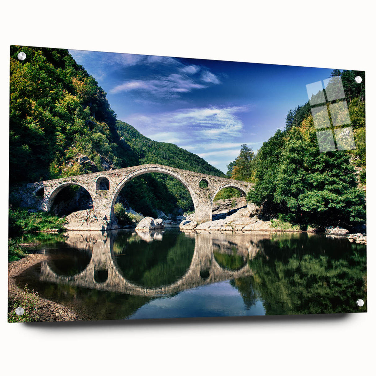 Acrylic glass print of a Bulgarian landscape, featuring muted earth tones, ideal for dining room decor.