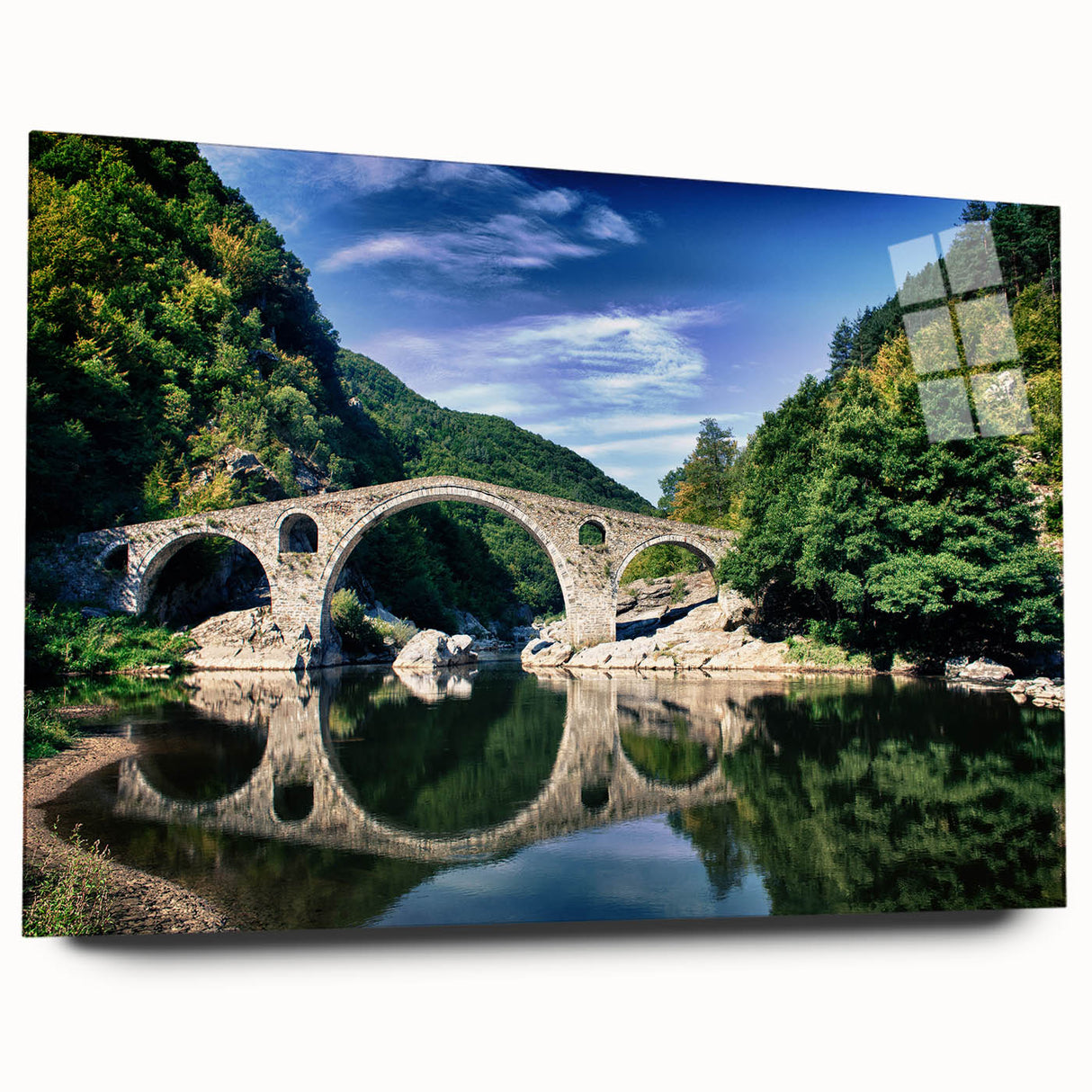 Large abstract wall art of European scenery in muted earth tones on acrylic glass, suitable for bedroom or dining room decor.