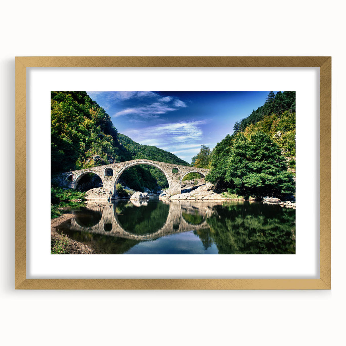 Abstract art print of a European scenery in muted earth tones, framed in gold, ideal for dining room decor.