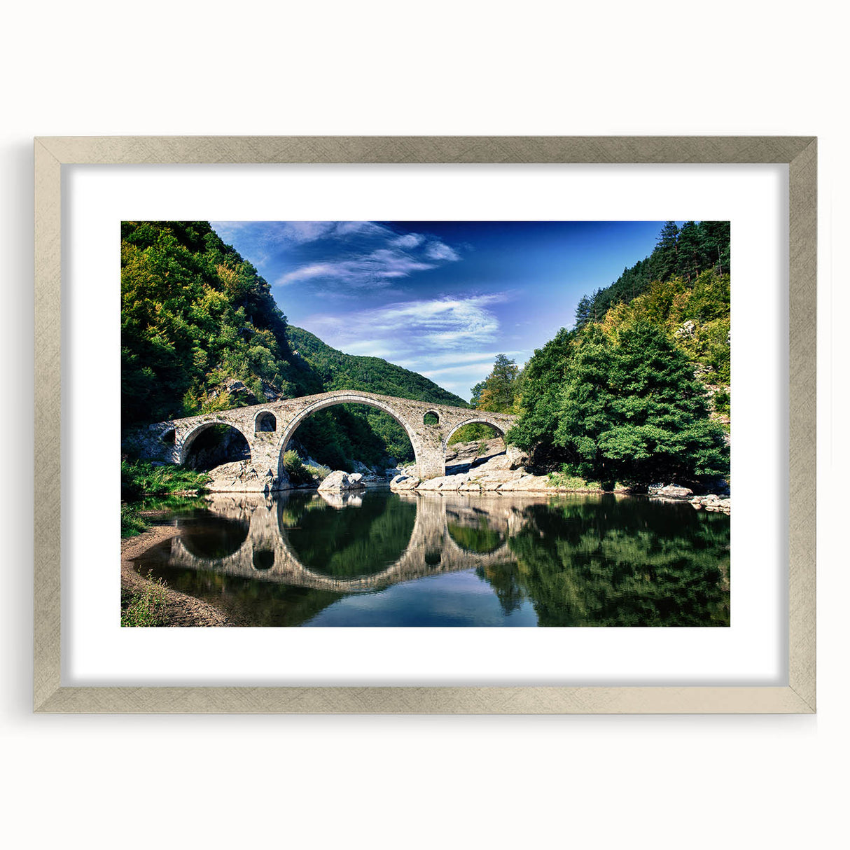 Extra large wall art featuring an abstract textured depiction of a European scenery in silver frame.