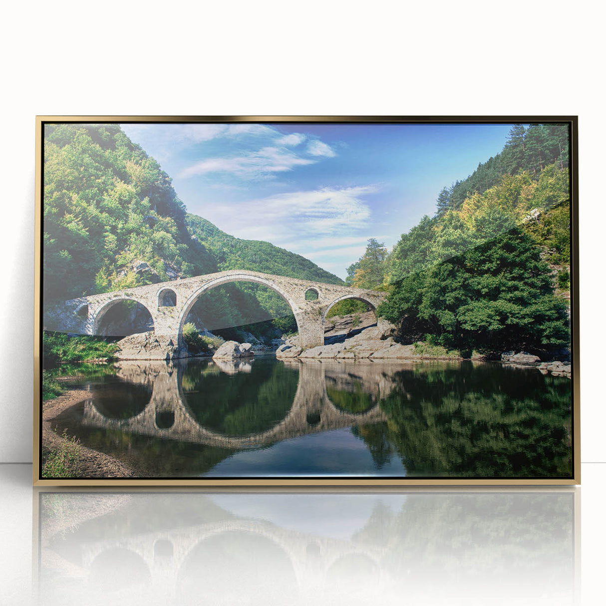 Large acrylic print of a European Bulgarian landscape in muted earth tones, framed in gold.