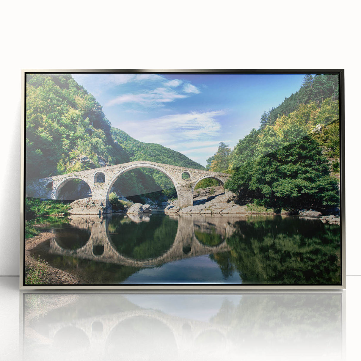 Mid-century modernist art depicting a serene Bulgarian landscape in acrylic, framed in silver, ideal for nursery wall art.