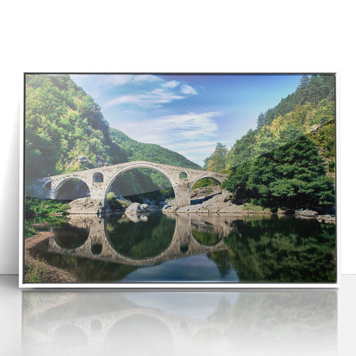 Art deco poster of a European scenery in Bulgaria, featuring muted earth tones on a white framed acrylic.