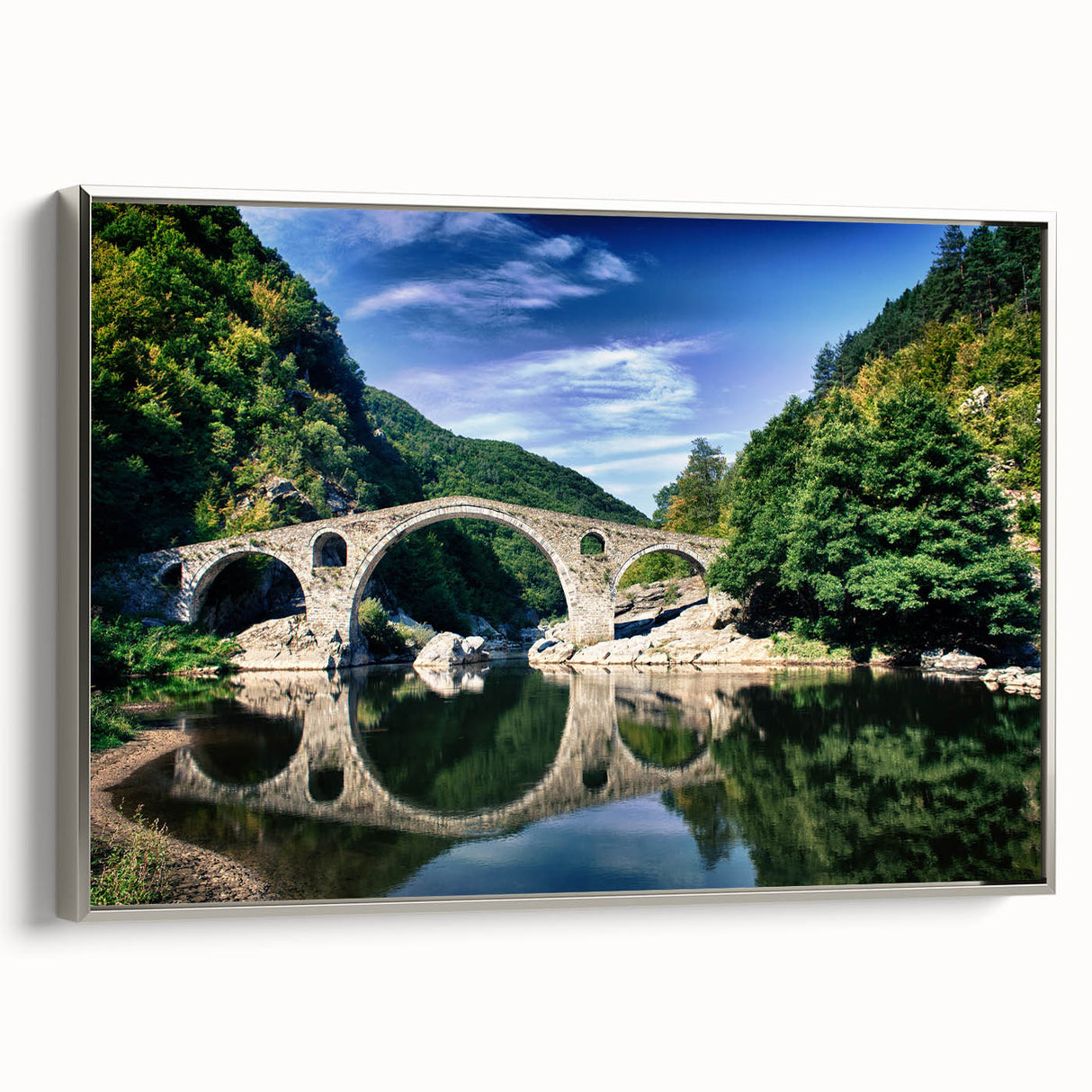 Framed canvas featuring a vintage landscape painting of a Bulgarian scenery, with vibrant colors on a black background.