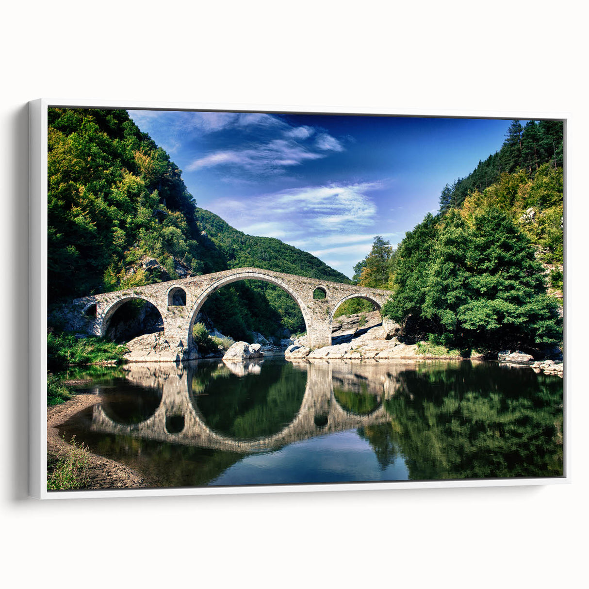 Vintage poster art of a Bulgarian scenery on extra large framed canvas, featuring colorful art against a black background.