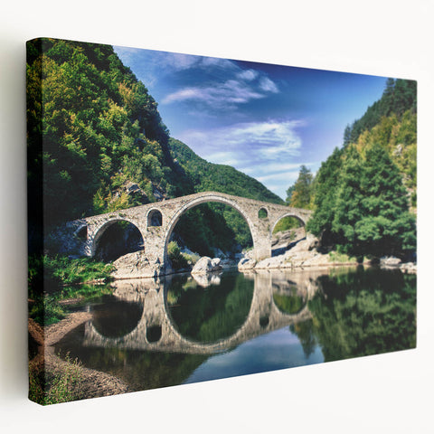 Large canvas print featuring a serene Bulgarian landscape in muted green and blue tones, ideal for kitchen wall art.