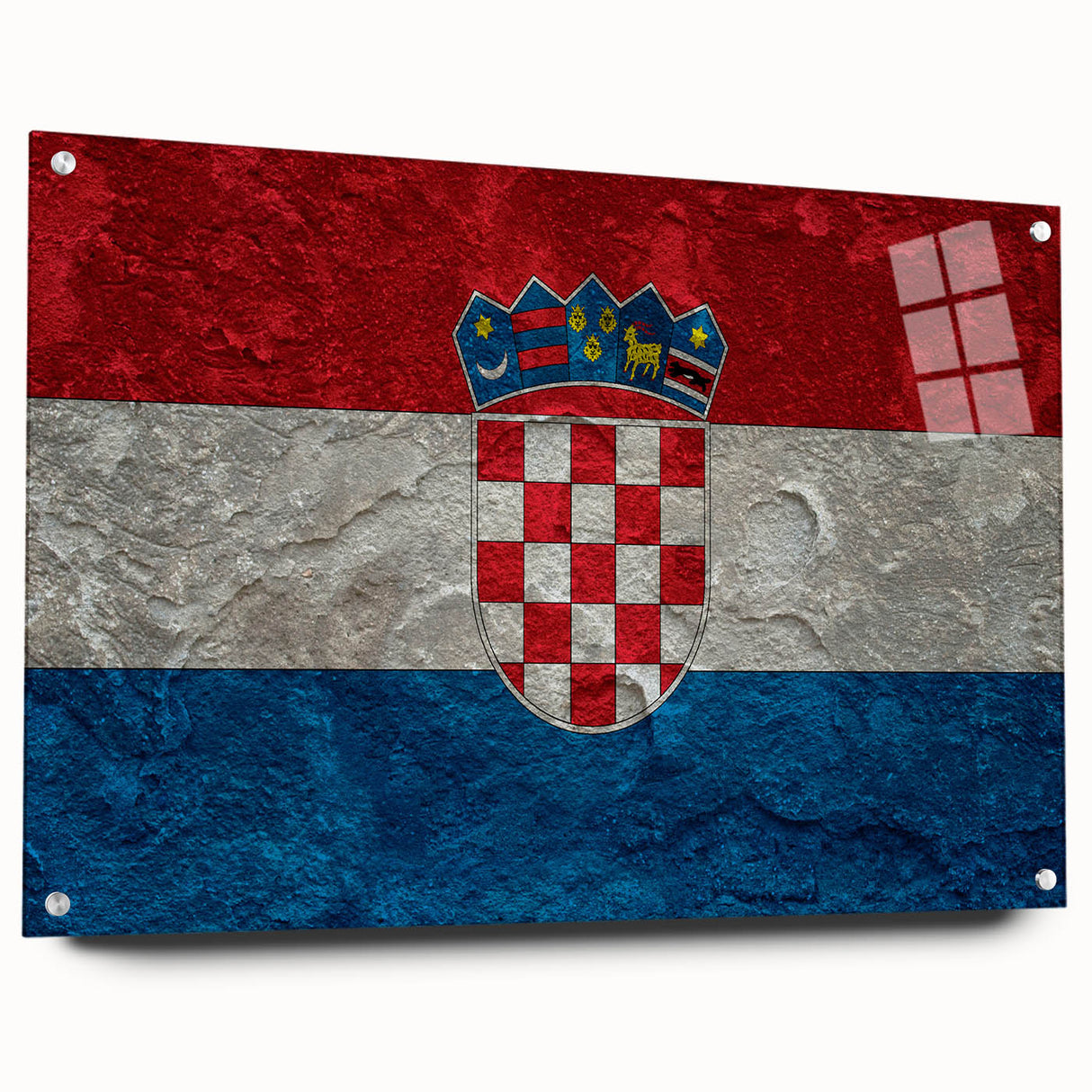 Acrylic print of a Croatian landscape in soft blues and greens, ideal for dining room decor.