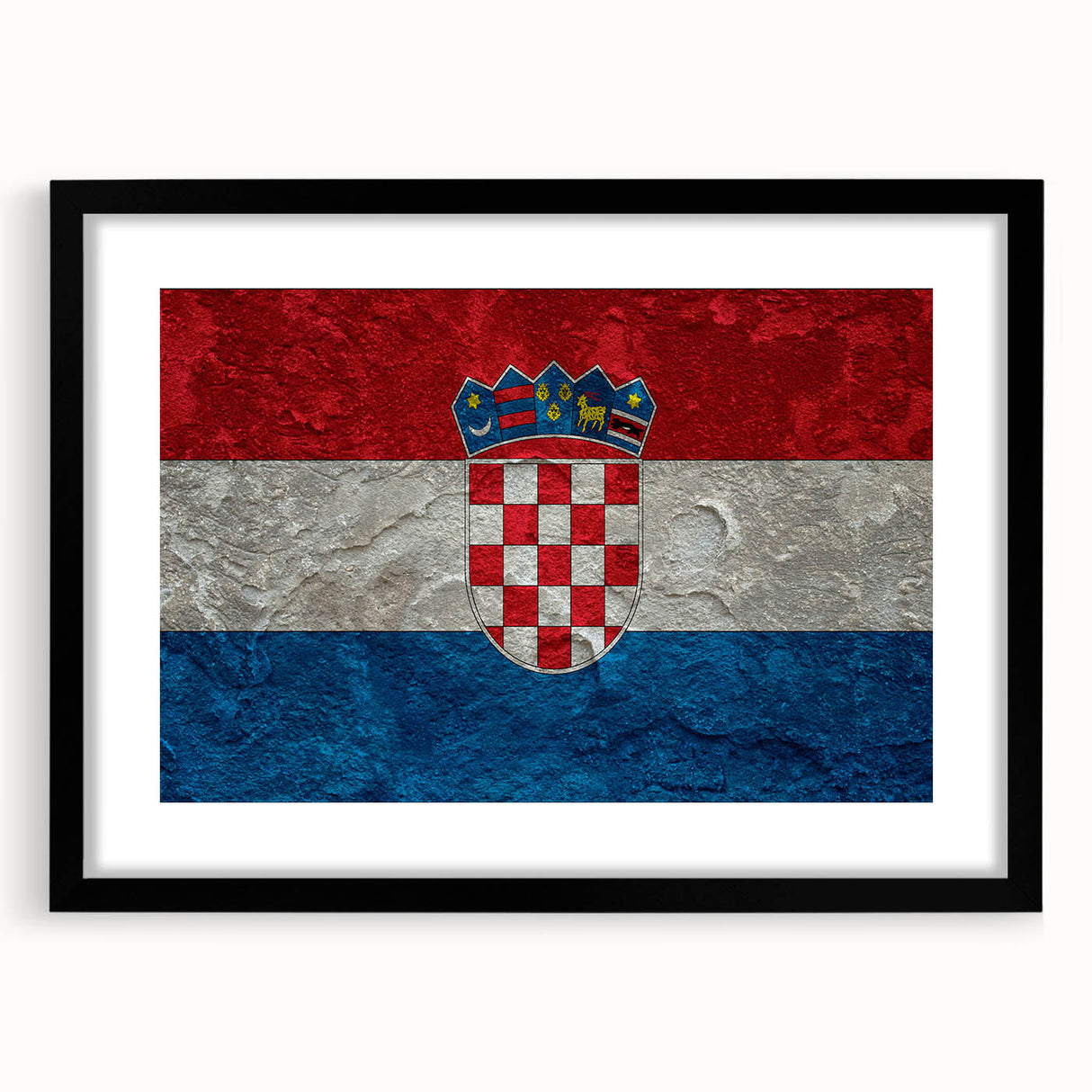 Colorful abstract art print of a European scenery in Croatia on a large textured canvas, framed in black.