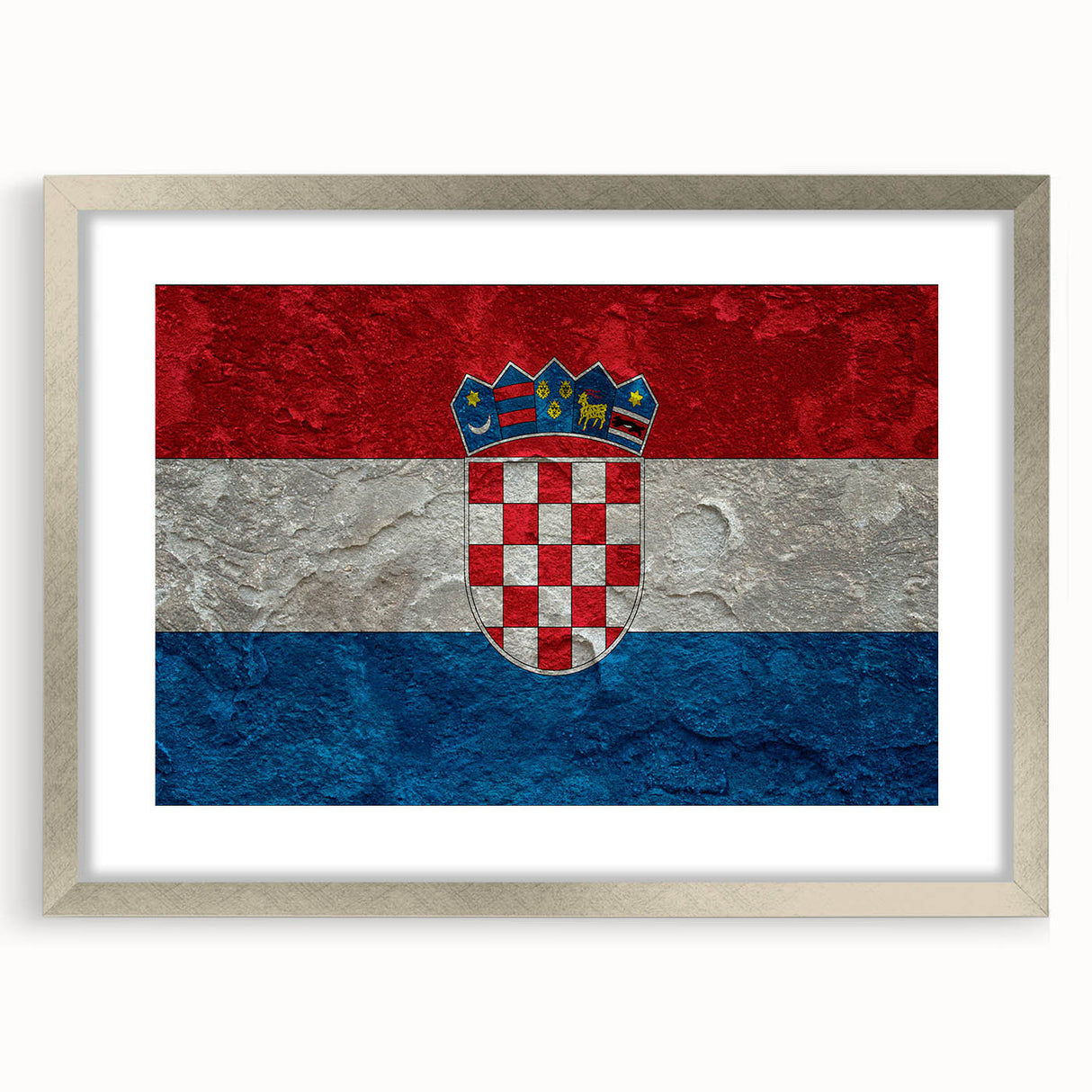 Extra large abstract art print of a textured European scenery in muted earth tones, framed in silver.