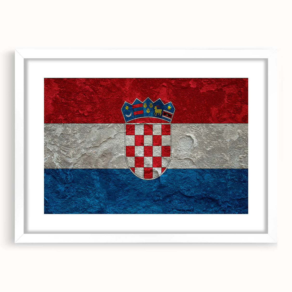 Textured abstract art print of a European Croatian landscape in muted earth tones, framed with a white mat.