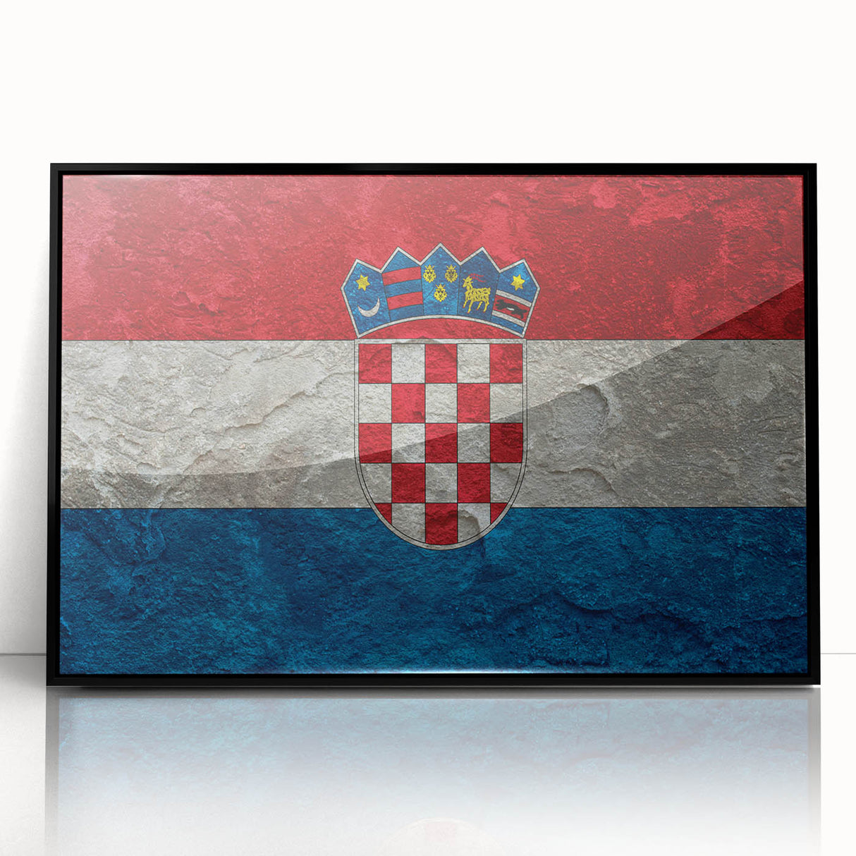 Large abstract wall art featuring a Croatian landscape in muted earth tones, framed in black acrylic.