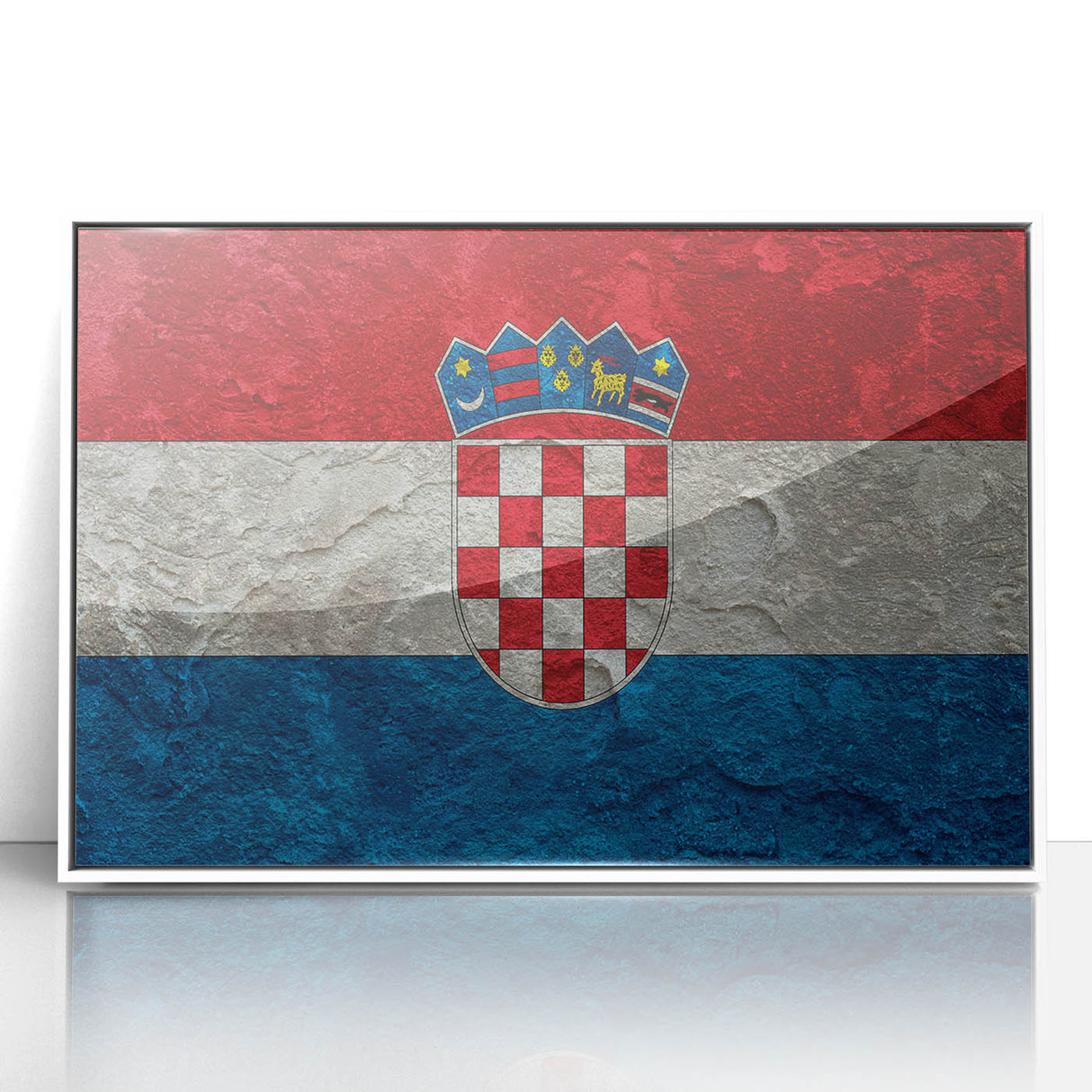 Mid-century modernist art depicting a Croatian landscape with muted green and blue tones on a framed acrylic.