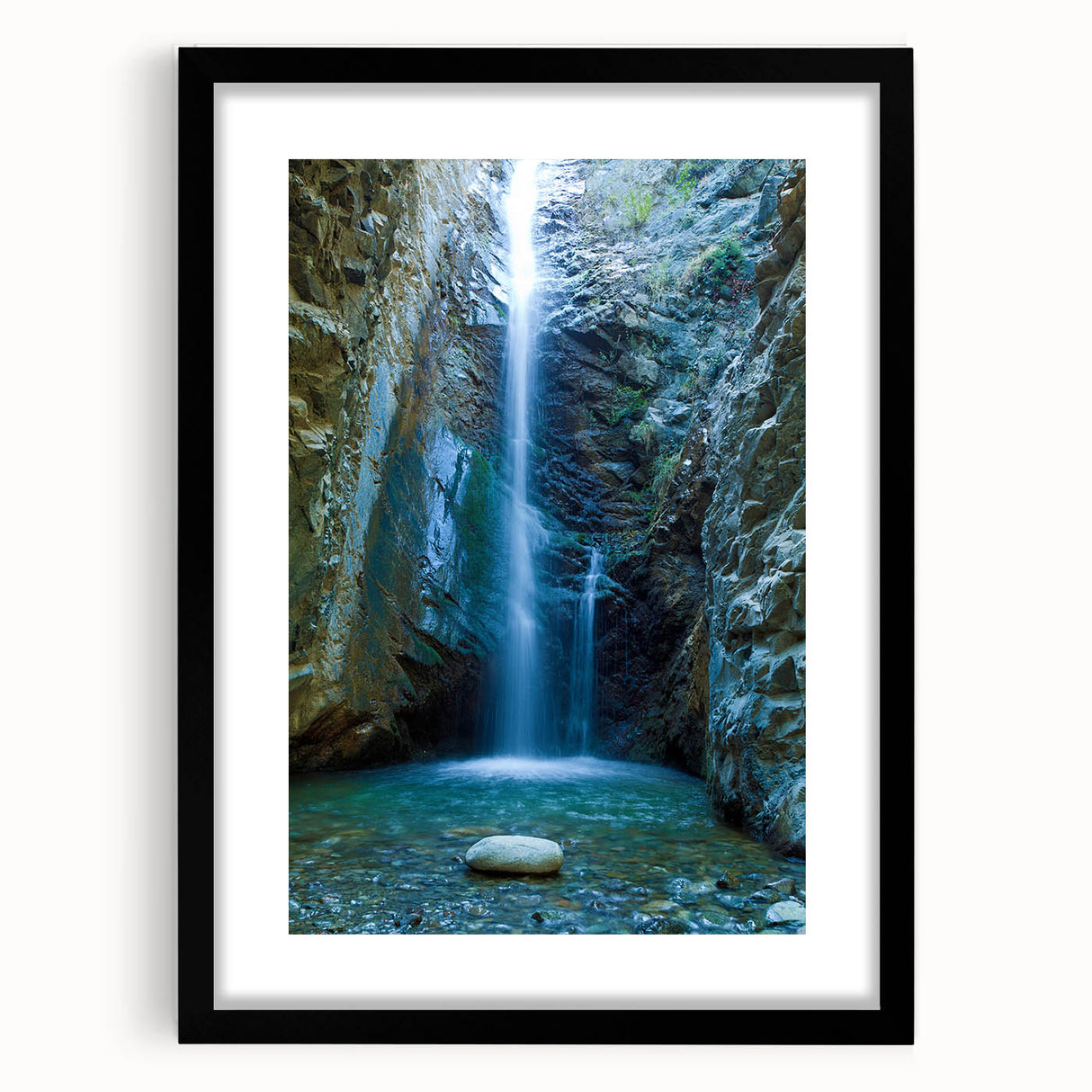 Extra large abstract art print of a colorful European scenery in Cyprus, with a textured look on a black framed canvas.