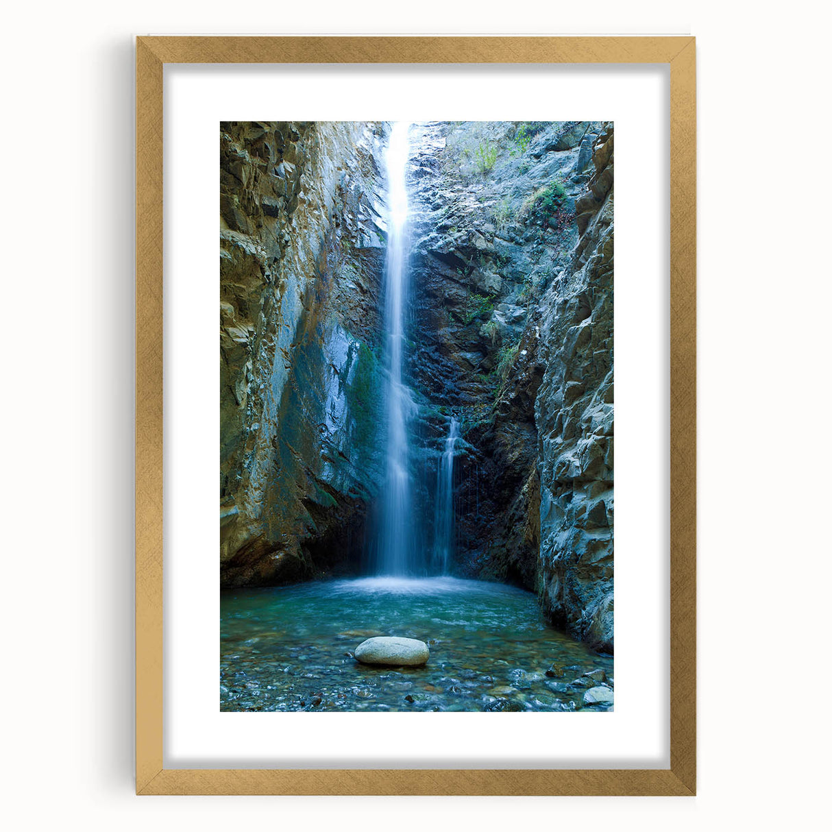 Abstract art print of a European landscape in muted earth tones, framed in gold, suitable for dining room decor.