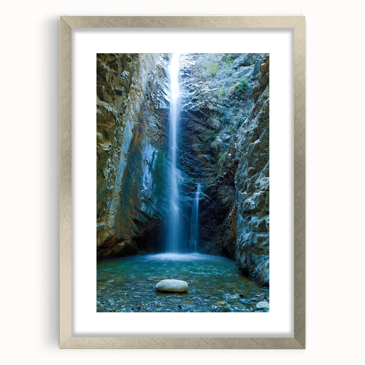 Extra large abstract art print depicting a textured European landscape in muted earth tones, framed in silver.