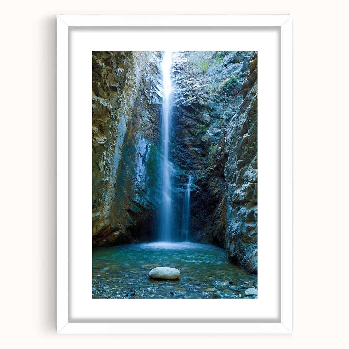 Textured abstract art print of a European landscape in muted earth tones, framed with a white mat.