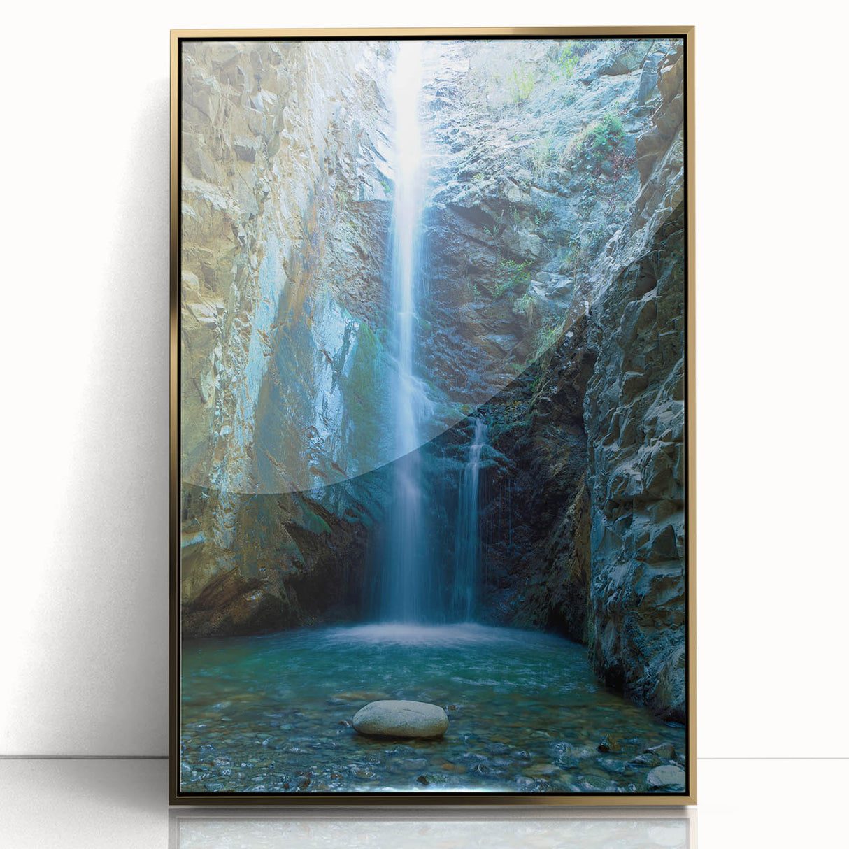 Art deco poster of a European Cyprus landscape, in gold tones on acrylic, ideal for modern art wall decor.