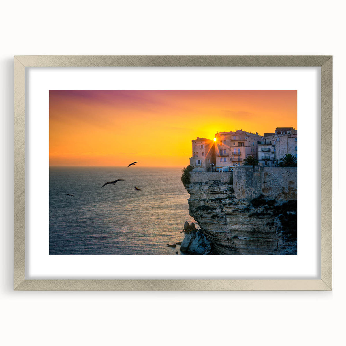 Extra large abstract art print of Corsican scenery in muted earth tones on a silver-framed canvas.