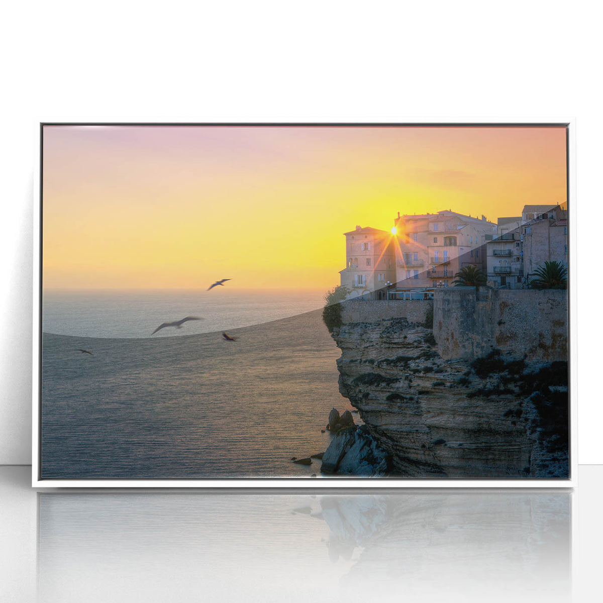 Mid-century modernist art depicting a serene Corsican landscape with muted earth tones on a framed acrylic.