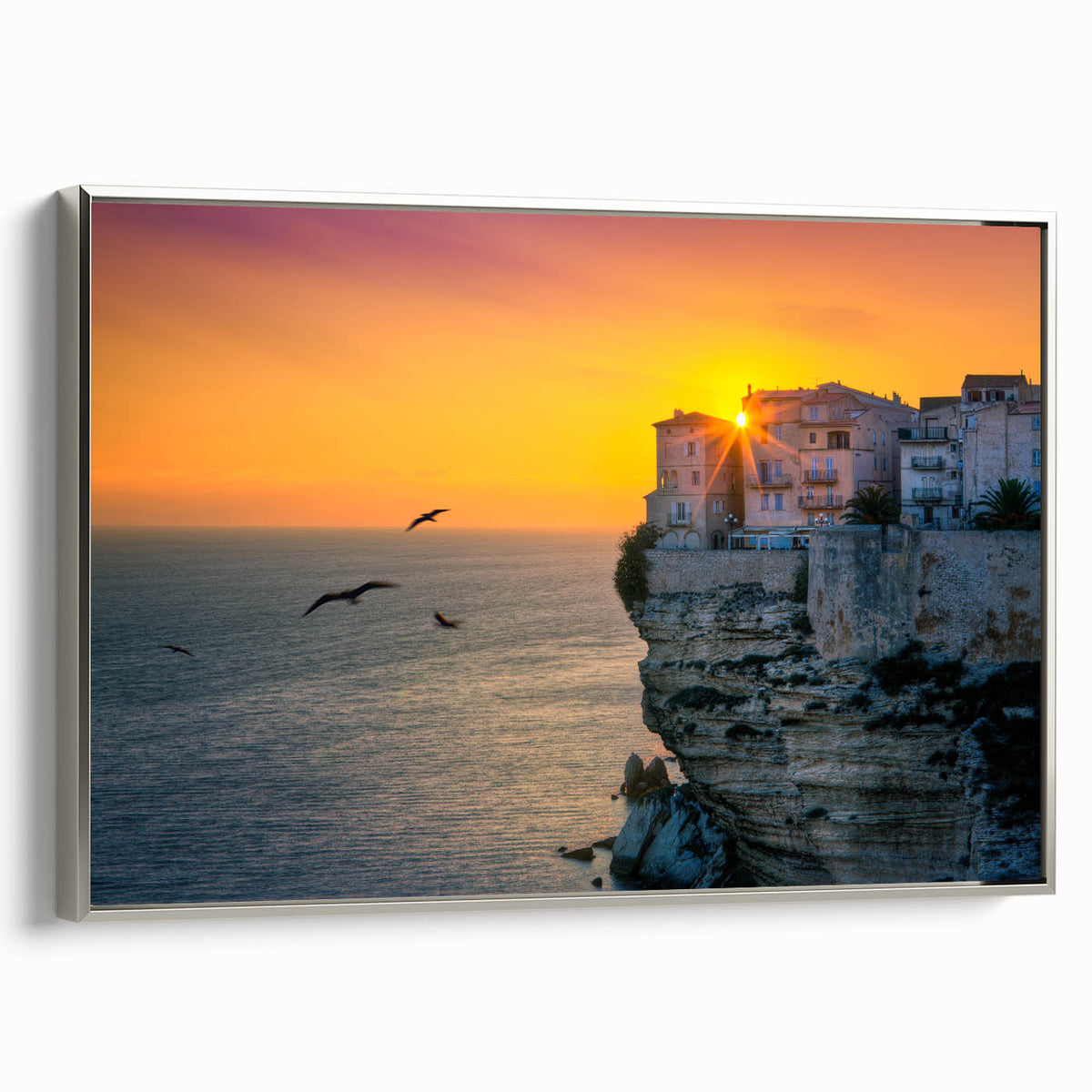 Landscape art painting of Corsica with colorful vintage poster style on a black framed canvas, ideal for living room decor.