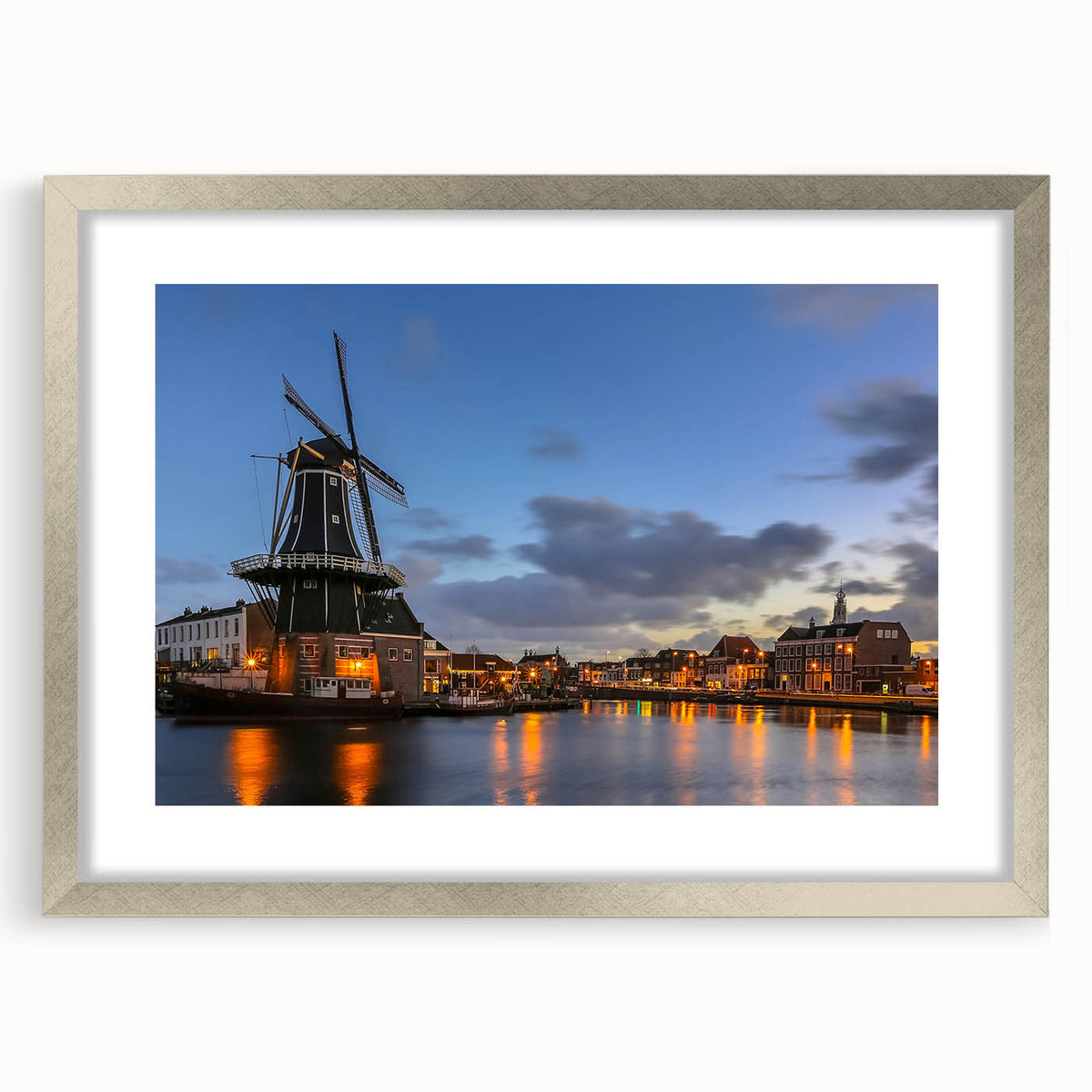 Extra large abstract art print of Amsterdam scenery in textured silver frame, ideal for living room decor.