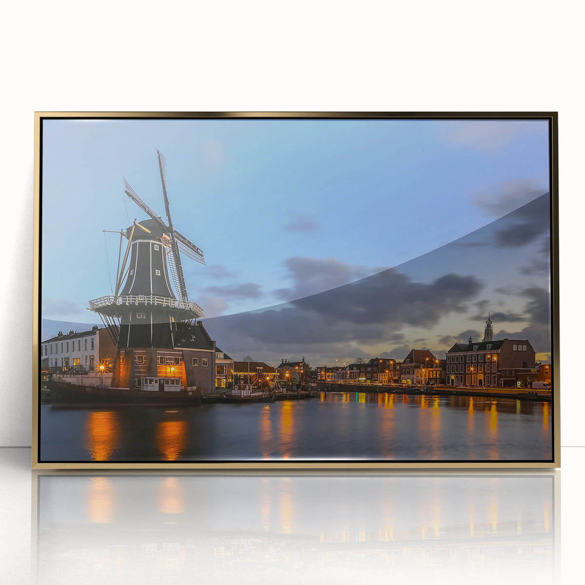 Art deco poster of Amsterdam scenery in gold acrylic frame, featuring muted earth tones, ideal for modern art wall decor.