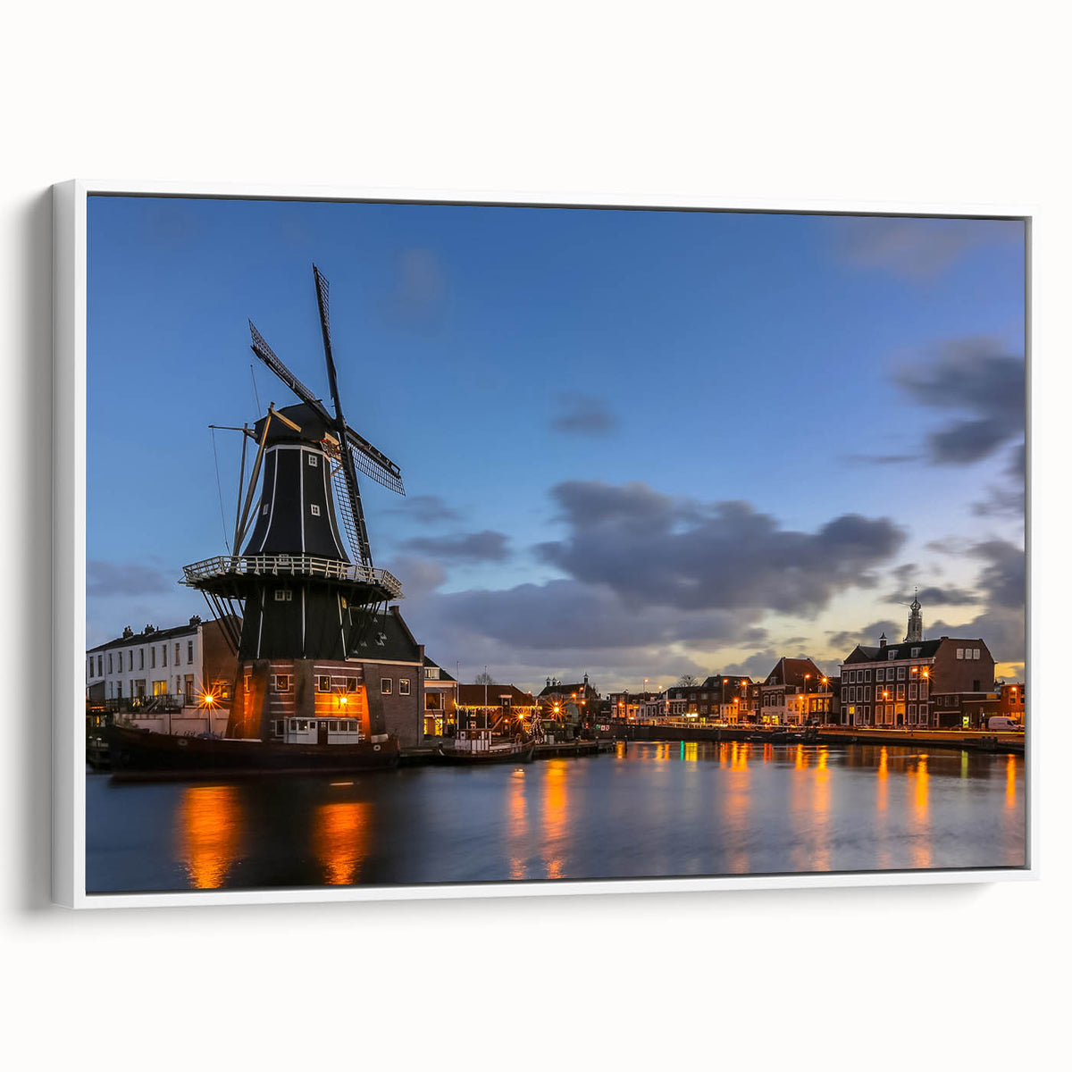Vintage poster art of Amsterdam with colorful buildings and canals on extra large framed canvas, ideal for living room decor.