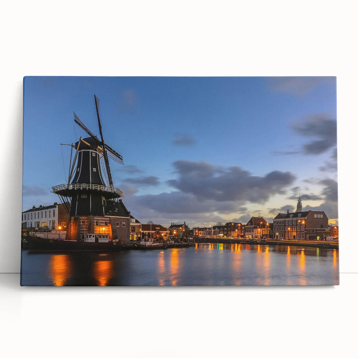 Black and white stretched canvas of Amsterdam canal scene, ideal for kitchen wall art.