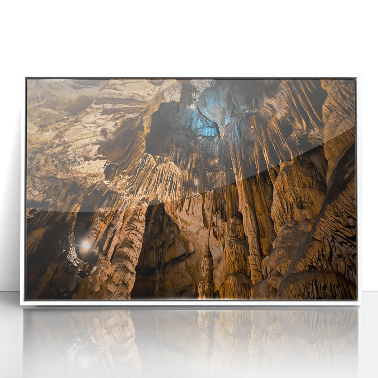 Mid-century modernist art depicting a European Slovakian landscape in muted earth tones on a white framed acrylic print.