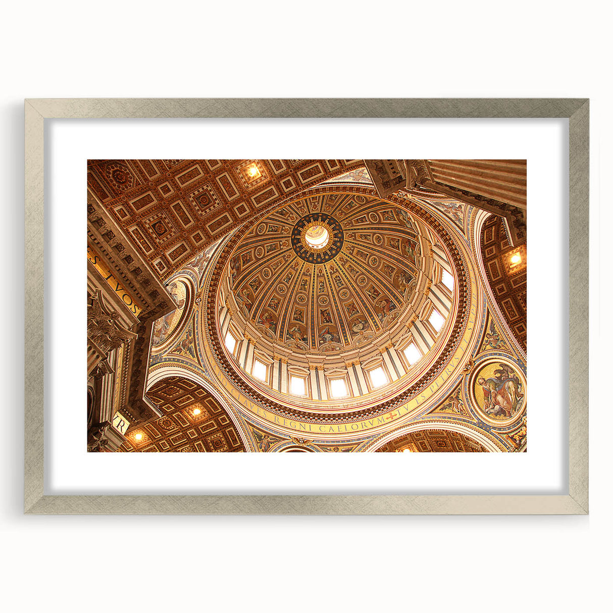Textured art print of the Vatican scenery in muted earth tones, framed in silver, ideal for bedroom art.