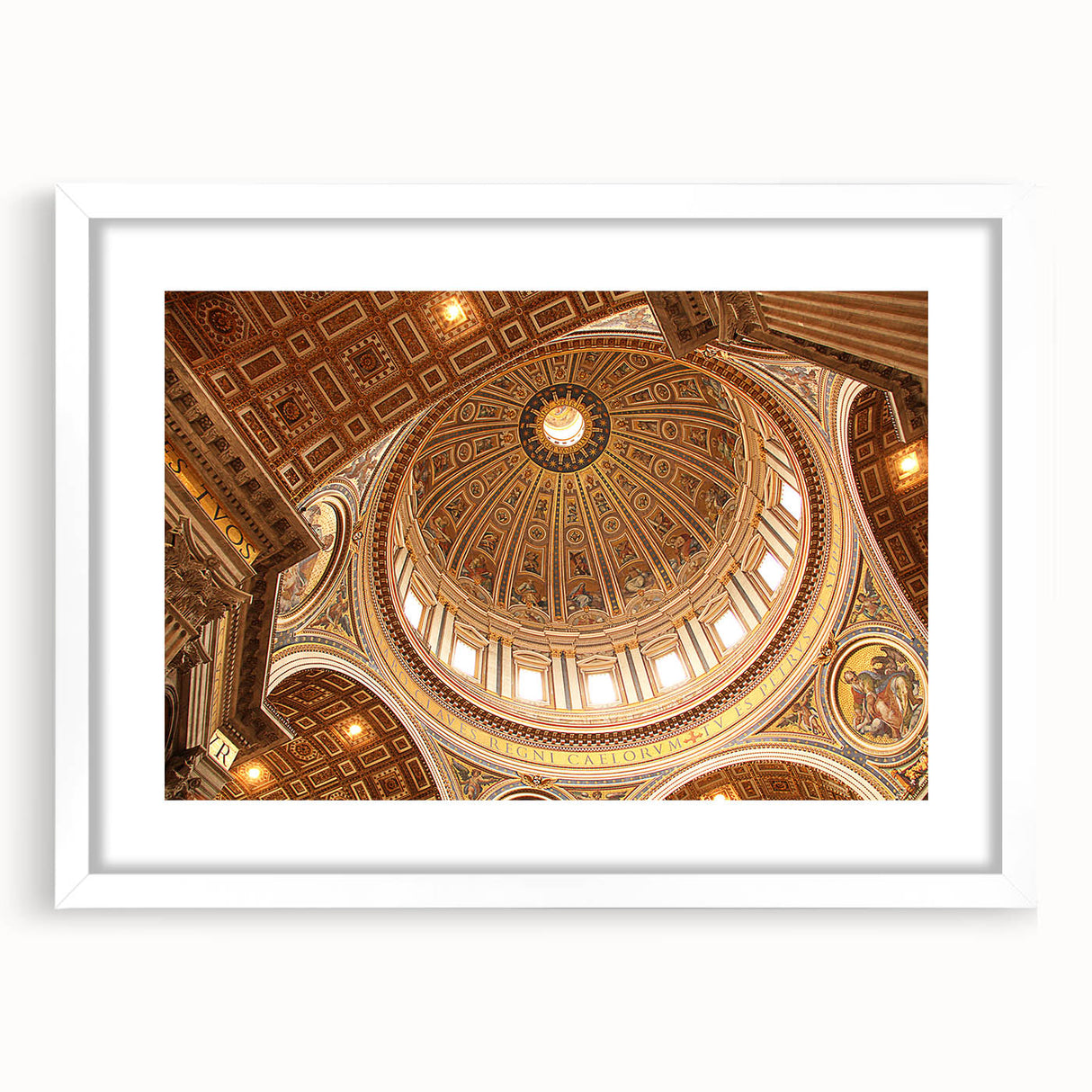 Abstract art print of the Vatican scenery in muted earth tones on a framed white mat, suitable for dining room decor.