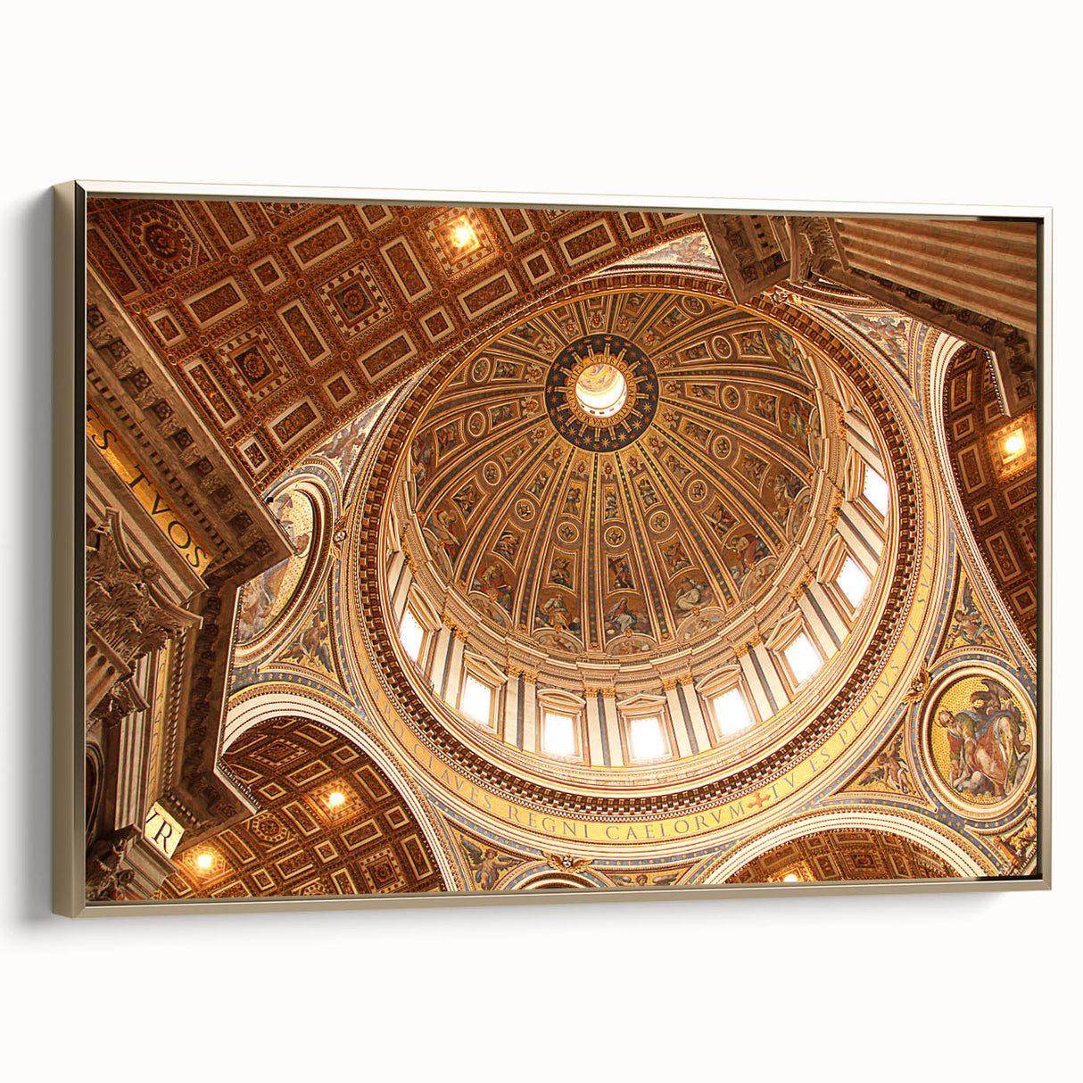 Framed canvas wall art featuring a vintage-style landscape painting of the Vatican, with a black and gold color palette.