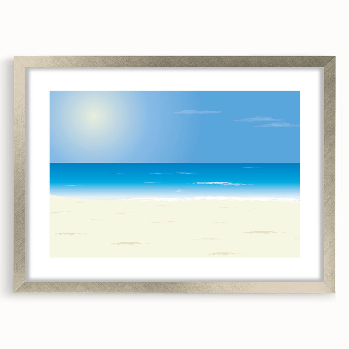 Textured abstract art print of Acapulco scenery in muted earth tones, framed with a silver mat, ideal for bedroom art.