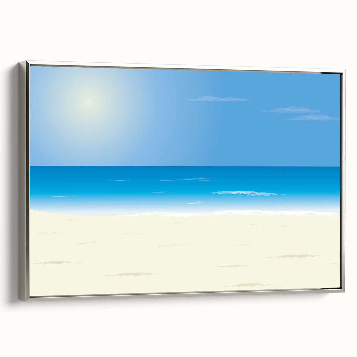 Framed canvas of a vintage Acapulco landscape painting with vibrant colors and silver frame, suitable for living room decor.